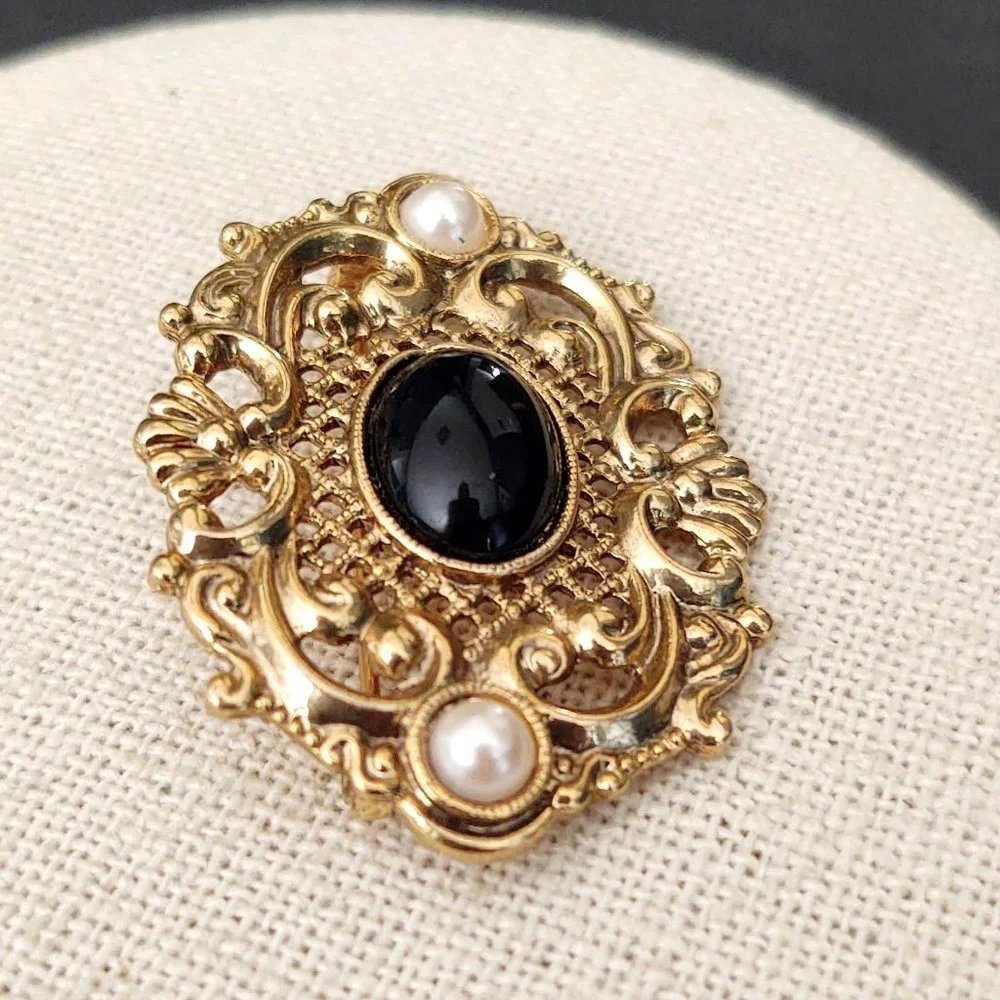 Vintage gold, black and faux pearl brooch